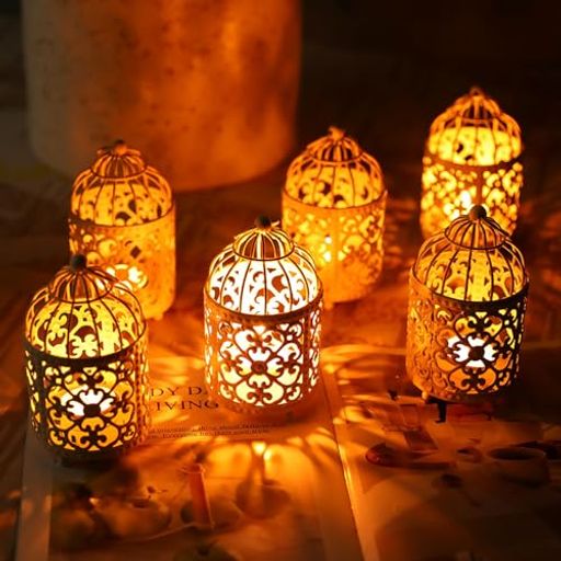 JHYDESIGN6個パック小さなメタルキャンドルスティックホルダーハンギングバードケージティーライトランタン中空キャンドルホルダーテーブルウェディングパーティーバレンタインパティ…