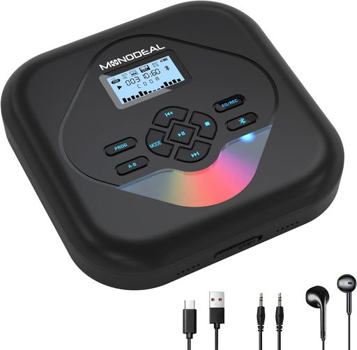 MONODEALCDプレーヤーポータブルBluetoothスピーカー内蔵超軽量ASP防振搭載音飛び防止5EQエフェクトA-Bリピートプログラム再生32GBTFカード対応CD/MP3再生AUX3.5mmイヤホン付語学学習