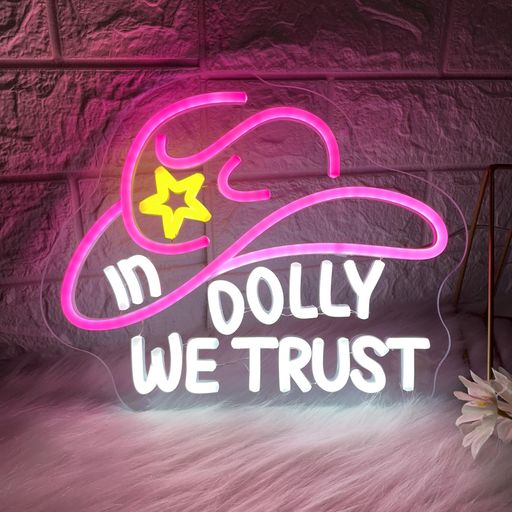 InDollyWeTrustネオンライトtネオンサイン、ピンクのカウガールハットLEDサイン、カントリーレトロスタイルウエスタンウォールアートネオンサイン、USB電源、ティーンの寝室パーティー、ク…