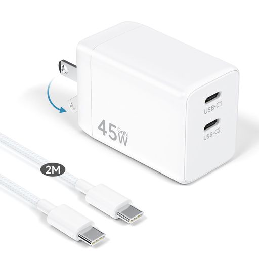 FORIPHONE16-充電器45WTYPE-CPDUSB-C充電器2ポート【2MC-Cケーブル】GANFASTII(窒化ガリウム)採用超小型折畳式プラグアンドロイド充電器PD3.0/PPS規格対応/PSE技術基準適合タイプC