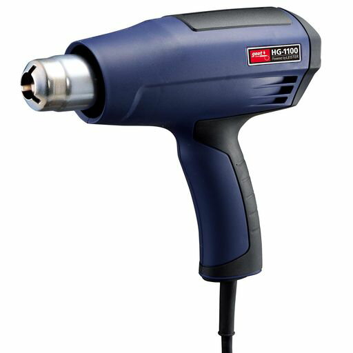 電気用品安全法適合品 見出し:パワフル熱風ヒートガン 定格電圧:100VAC50/60Hz 消費電力:1100W ヒーター:セラミックハニカムヒーター 熱風温度:500°C 風量:250400リットル/分(切換) 騒音レベル:LpA=67dB(k=3dB) 振動レベル:<2.5m/s2(K=1.5m/s2) 重量:580g(コードを除く)
