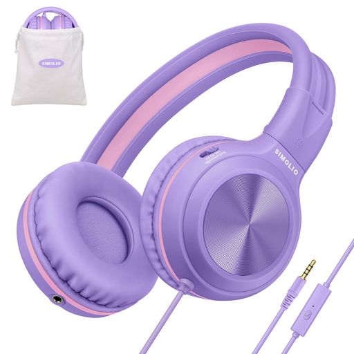 SIMOLIO 子供用ヘッドホン マイク付き 有線 聴覚保護 子供 成人 兼用 折りたたみ式 キッズ ヘッドフォン 授業/学校/旅行/映画/ゲーム/音楽など適用 パープル 904V