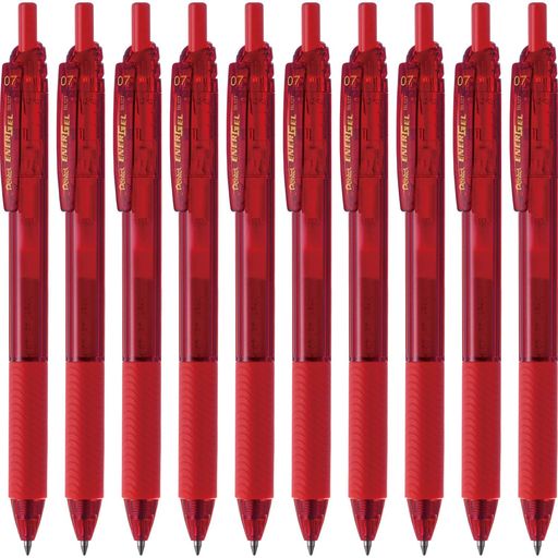 【特長】スッとかけてサッと乾くゲルインキボールペン 【インキ色】赤 【ボール径】0.7mm 【材質】軸・クリップ・ノック=再生PP、グリップ=エラストマー 【1本あたりサイズ/重さ】幅 16mm x奥行 11mm x 長さ 147mm/12g
