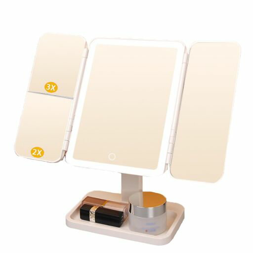 女優ミラー三面鏡LEDライト付き化粧鏡卓上ミラー拡大鏡2倍/3倍3光色切替USBType-C充電タッ ...