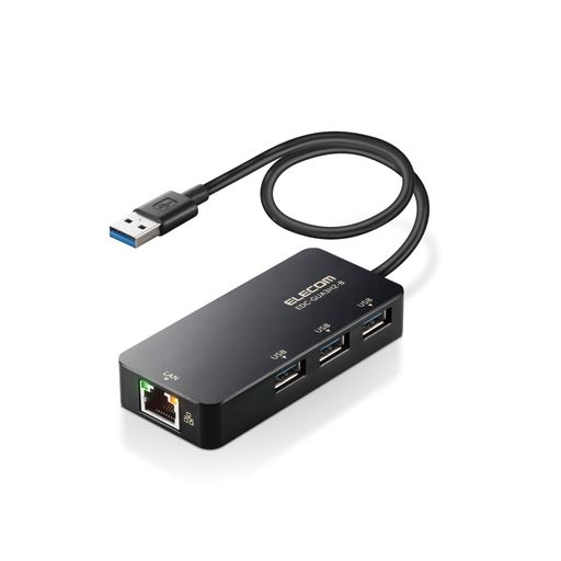 有線LANポートが無く、USBポートも不足しがちな薄型パソコンに最適。挿すだけで使えるUSB3.2 LANアダプター USBハブ付。 USB2.0搭載の従来品と比較し14.3倍の高速転送が可能。 USBハブ部は、高速転送可能なUSB3.0ポート(USB-A)を3ポート搭載しています。 ギガビットLANアダプターを使ったギガビット通信とパソコン接続部USB3.0の組み合わせにより、USB2.0搭載の従来品(EDC-FUA2H-B)と比べ、ダウンロードしたデータを14.3倍(実測値)の速度で高速転送ができます。 ドライバーのインストールが不要でLANアダプターをパソコンに接続するだけで使用することが可能です。 本製品のMACアドレスを変更できるソフト「MACアドレスチェンジャー」(当社ホームページよりダウンロード)を使用することで、オフィスなどの予め登録されたMACアドレスのみ通信可能な環境でも、本製品を利用可能です。(Windowsのみ対応)