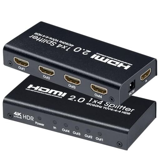 【4画面同時出力】PCやゲーム機、BDレコーダーなどからのHDMI信号(映像・音声)を、4台のディスプレイ機器(モニタやプロジェクター等)に同じ映像を4画面同時出力させることができます。 【UHD 4K60HZ】4K(3840*2160@60HZ 8BIT/18GBPS)、HDCP2.2に対応しており、美しく高精細な4K映像を劣化なく出力できます。展示会や講義・会議室など、多くのモニターに同時出力させる場合に適用します。 【遅延劣化は無し】高音質のDTS-HD/ DOLBY-TRUEHD/ LPCM7.1/ DTS/ DOLBY-AC3/ DSD等のデジタルオーディオにもしっかり対応しております。 電源アダプターを付属しており、コンセントから安定した電源供給ができるセルフパワー駆動タイプです。誤動作なくデータを伝送することができます。 【注意事項】OUTに繋ぐすべてのディスプレイが対応している解像度と音声フォーマットで分配される自動判別タイプです、接続が変わる(抜き差し、電源ON/OFF)たびに、表示が切れて自動判別を行います。快適にご利用いただけますよう、安心な日本語アフターサポートをご提供しております。