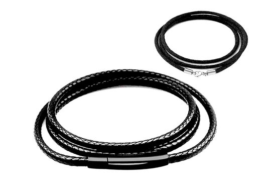  2mm ブラック 防水 編組レザー ネックレス ブラック ステンレススチール バヨネット クラスプ付き ユニセックス ワックス ロープ チェーン ネックレス メンズ レディース ガール ボ…