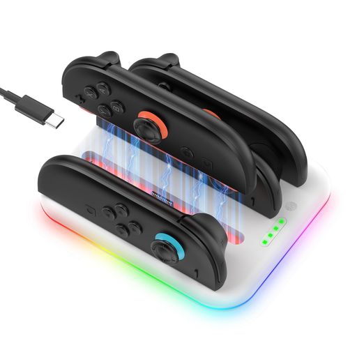 「対応機種」Nintendo Switch 2専用4ポート充電ステーション 【4台同時充電可能】Nintendo Switch2 コントローラーを最大4台同時に充電可能、充電中でも即時プレイ可能、常に満充電の状態で、ゲームの世界に没入してください 【LED充電ステータス表示】各ポートに独立したLEDインジケーターを搭載。充電中オレンジ と満充電グリーンを一目で確認可能。 【磁気充電&amp;スライド式デザイン】磁気吸引式でコントローラーを簡単に装着・充電開始(「ピタッ」と装着可能)。スライドオン&amp;クイックリリースボタンで取り外しもスムーズ。 【コンパクトで整理整頓に最適】サイズ: 約13.2cm (幅) x 11cm (奥行き) x 3.3cm (高さ)。付属のカラーテープ(オレンジ「+」/ ブルー「-」)でコントローラーを区別可能。散らかり防止に役立ちます。 【多重安全保護機能】難燃性ABS素材採用。過充電・過熱・ショート対策済みで安全。 充電ケーブル長: 1.2m (3.94フィート)、USB接続で使いやすさ抜群。