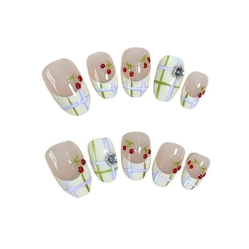 10枚手作りネイルチップ桜んぼ短めつけ爪ショートオーバル付け爪人気可愛い
