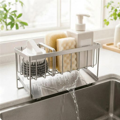 【洗剤・スポンジをまとめて収納】食器用洗剤、スポンジ、ブラシ、たわし、クロスなど、水槽まわりで毎日使う小物を一か所にすっきり収納できます。散らかりがちなキッチンまわりを整え、使いたい時にサッと取り出せる便利な洗剤ラックです。 【サビに強く、美しさが続くSUS304素材】厳選されたSUS304ステンレスを採用。湿気の多い水回りでも優れた耐久性を発揮し、長く綺麗にご愛用いただけます。洗練されたヘアライン加工により、キッチンに馴染む高級感のある質感に仕上げました。 【水がたまらない!速乾を促す斜めトレー】独自の傾斜設計を採用した水切りトレー付き。スポンジやボトルから落ちた水滴が、そのままシンクへ流れる構造です。水がたまらず風通しの良い状態をキープ。キッチン周りを清潔でドライに保ち、不快なヌメリや汚れを寄せ付けません。 【仕切り付きで小物を整理しやすい】仕切りパーツ付きで、洗剤ボトル、スポンジ、ブラシなどを分けて収納しやすい設計です。物が倒れたり重なったりしにくく、見た目もすっきり。毎日使うキッチン用品を、取り出しやすく戻しやすい状態に整えます。