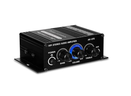 ミニオーディオパワーアンプ。2 つのメインチャンネル出力。4-16Ω 負荷インピーダンス 20W * 2 85db SNR 20Hz-10KHz RCAデュアルチャンネル入力、3.5mm AUX入力付き 左チャンネル出力と右チャンネル出力はスピーカー用のインターフェースです。 歪みが少ないため、クリアで力強く、よりパワフルなサウンドが得られます。 アルミ合金製のボディは厚く、軽量で実用的です。 大きなノブには青色の LED ライトが付いており、製品をより美しく見せます。