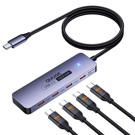10GbpsUSBCハブ4ポートUSB-C3.2Gen210G高速データ転送1Mナイロン編みケーブルアルミ筐体Type-Cから4xタ..