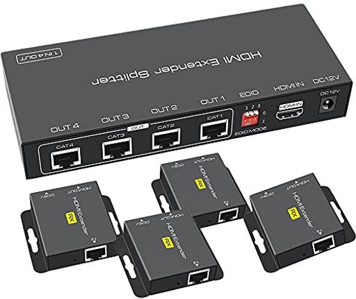 HDMI エクステンダー EX714:当番のHDMI エクステンダー には送信器(TX)を一つ、受信機(RX)を四つ同梱しております。出力側にLAN接続口を四つ搭載し、CAT6/CAT6A/CAT7の有線LANに繋げます。入力装置の映像と音声を同時にあわせて四台までのTV/モニターに映り出せます。 50Mまで延長可能なHDMI Splitter Extender:出力側のLAN接続口を利用する場合、ソースのHDMI信号を50Mまで延長することができます。この場合LANケーブルは必ずCAT6/CAT7をご使用ください。出力側のHDMI接続口を利用する場合、10M以内の標準HDMIケーブルを利用する必要があります。 遠隔にある4台までのモニターに同時出力できるHDMI 分配器 エクステンダー:四つの出力接続口を搭載しているため、4台までの出力装置に繋いで出力させることが可能です。多画面で情報を確認する必要がある監視室、ホームシアター、病院、教育教室、工場などの場合には見逃せないアイテムです。
