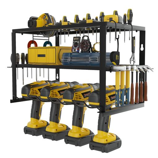 電源ツールオーガナイザーラック3層壁マウント、金属ガレージツール収納ラックコードレスドリルホルダ..