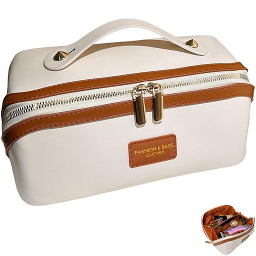 Aylashine韓国のポータブル化粧ポーチ携帯用メイクポーチ大容量女性用PUレザーメイクアップ女の子用旅行用トイレタリーバッグ大きな開口部を備えたダブルメタルジッパーハンドル付き仕…(4)