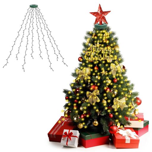 【クリスマスツリー飾りライト】クリスマスツリー用のおしゃれなLEDイルミネーションライトは高品質のLED電球を使用しているため、 ストレートライトの輝度は従来品より明るいです。一粒一粒が明るくてどの方向から見ても綺麗です。長さ2mの垂れ下がるワイヤライトが8本で、合計280球のLEDストリングライトは120cm/150cm/180cm/210cm程度の家庭用クリスマスツリーに取り付けるとボリュームのある光を楽しむことができるし、オーナメントやリボンなどのデコレーションと組み合わせて綺麗に飾れます。クリスマス以外でもご自宅のオブジェや家具などにも装飾が可能です。アレンジ一つで普段とは違う光の世界が堪能できます。 【取付楽々で設置の手間が省け】8本ドレープライトライトの上部が均等に輪っかに固定しているため、写真のようにクリスマスツリーの上部から直径10cmの輪っかを通して後は吊り下げるだけで電球取り付け完了。8本のライトを広げるだけでツリーをバランスよく装飾できます。