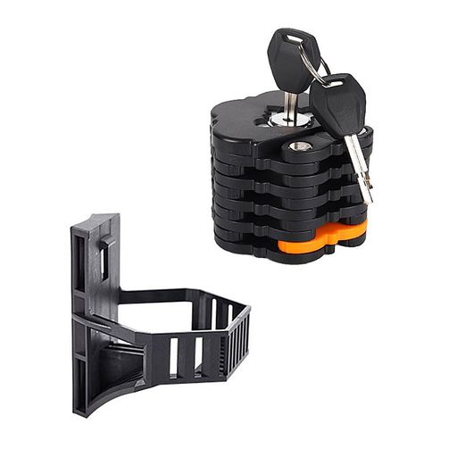 内容:1つのブレードロック、鍵付き、ブラックを受け取ります 製品材質:合金鋼+PVC 特徴:使わないとき専用に収納できる折りたたみ式のチェーンロックを搭載。折りたたむとコンパクトで邪魔になりにくい 使いやすい:未使用時は自転車に取り付けられた専用ブラケットに差し込んで収納できます。走行中もガタがない 適用範囲:自転車、バイクでも使用可能