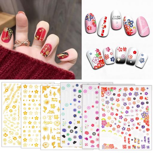 Chisaflyネイルシール和風和柄正月ネイル用シール桜花びら花火和装着物成人式浴衣レトロ立体6枚セット