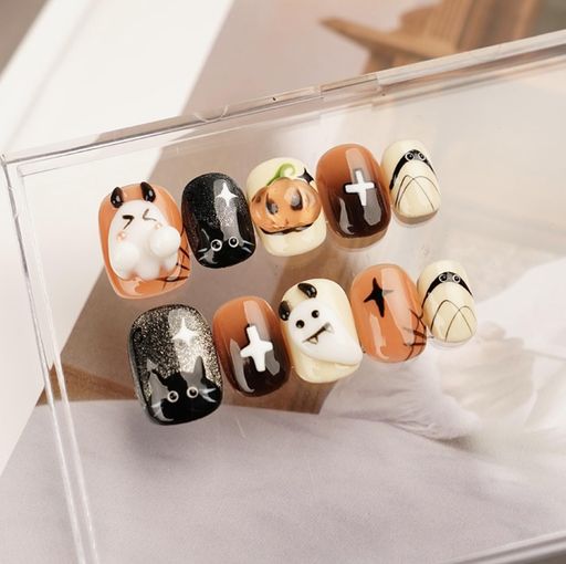 ハロウィーンキャットアイ悪魔の短い爪のヒント-短いスクエアネイルで手作りのかわいい悪魔のウェアラブルネイルアート(QH020_XS)