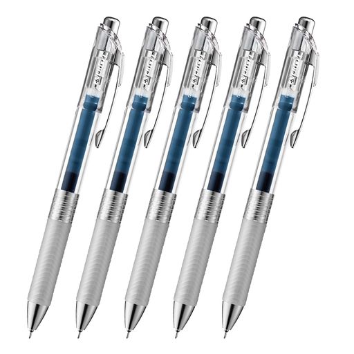 【特長】スッと書けてサッと乾く ゲルインキボールペン 【1本あたりサイズ/重さ】幅 16 x奥行 11mm x 長さ 147mm/13g 【インキ色】ブルーブラック 【芯径】0.5mm【本数】5本 【材質】後軸・頭冠=再生PC ノック・前軸=ABS樹脂メッキ グリップ=エラストマー クリップ=鉄