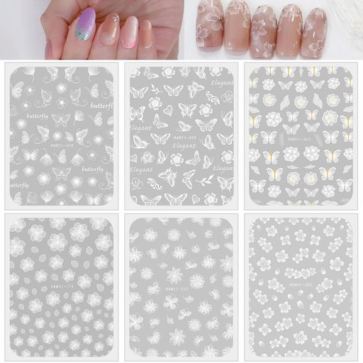 Chisaflyネイルシール花白蝶桜ネイルステッカー花柄蝶々花びらフラワーホワイトレース6枚セット