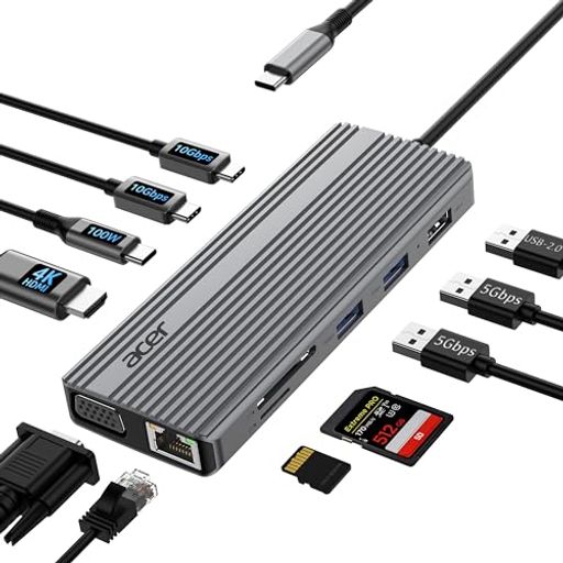 【11ポート搭載で生産性を最大化】2xUSB-C(10Gbps)、Gigabit RJ45、4K@60Hz HDMI、1080P VGA、SD/マイクロSDカードリーダー、2xUSB-A(5Gbps)、USB 2.0、100W PDを備えた Acer USB C ドッキングステーションが、多様な接続ニーズに効率的に対応。ワークフローをすっきり最適化します。【💡注意:ご使用のデバイスがビデオ出力(USB Type-C DP Alt Mode)に対応していることをご確認ください。】 【10Gbps 超高速データ転送】大容量ファイルも数秒で転送できる10Gbps USB-Cポートを搭載。さらにUSB-A 3.0/2.0 と高速 SD/Micro SD カードリーダー(104Mbps)を備え、写真や動画編集などクリエイティブ作業にも最適。【📌注意:USB-C(10Gbps)およびUSB-Aポートはデータ転送専用で、映像/音声出力には対応していません。】 【映像出力】💡お使いのUSB-Cデバイスが映像出力機能に対応していることを確認してください。HDMI単独使用時は4K@60Hz出力に対応。