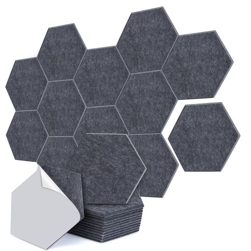 【商品仕様】:サイズ:30 x 26 x 0.9 cm、12枚入。粘着: 自己粘着両面テープ付き。素材: ポリエステル繊維。 【厳選された材料】:本吸音ボードは環境に優しい難燃性、臭い無しのポリエステル繊維で作られます。お子様やペットにも安全です。安心して触ったり、使用したりすることができます。吸音効果はもちろん、保温性、断熱性も優れています。長時間使用しても、発泡防音板より変形しにくいです。 【騒音低減】: 厚さ9mm、NRC値(騒音低減係数)0.95の吸音パネルは、反響音、波音、残響音などの様々な不要な騒音を効果的に低減・吸収できます。高密度ボードは、各面から発生する低周波、中周波、高周波の音を吸収します。本商品は音の反射を吸収する「吸音材」です。音を遮る「遮音材」ではございません。 【取り付けが簡単】: 当社の六角形吸音ボードには接着剤が内蔵されています。そのため、市販の他の製品と比べて、当社の吸音パネルの設置がより便利です。特に接着剤などを購入する必要はなく、特別な工具の必要なく、保護フィルムをはがし、ご希望の場所に直接貼り付けるだけです。