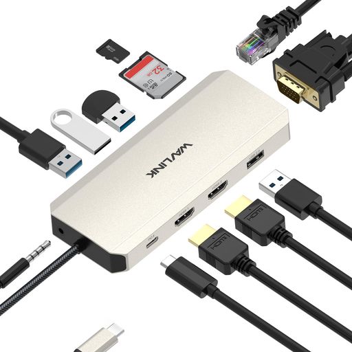 USB集线器 - WAVLINK USB C 12 in1ハブ/ドックステーション、3ディスプレイtype-cアダプタ、2x 4K HDMIと1x 2K
