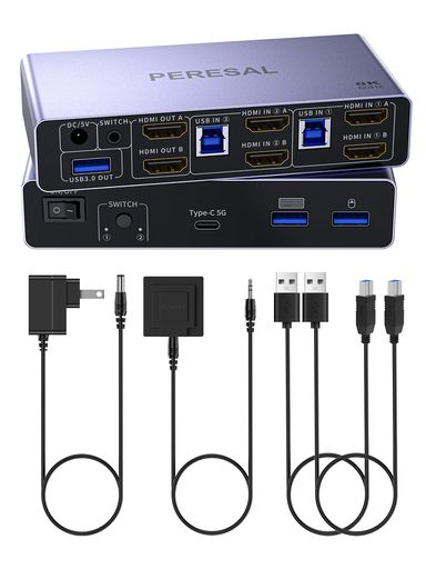 PERESALUSB3.0HDMIKVMSwitch2ディスプレイ2台、8K@60Hzデュアルモード切り替え、USB3.0ポート3個、デスクトップコントローラとUSBケーブル2本付き