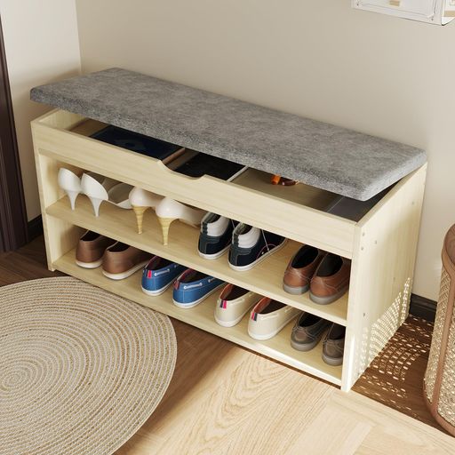 【コンパクト&amp;大容量収納​】80*30*43cmのサイズで狭いスペースにも収まり、2段式設計で1段に4足の靴を収納。厚底靴や高筒ブーツも収められ、スペースを有効活用。低重心構造で腰を軽く下ろせます。​ 【快適な座り心地​】パッド入り...