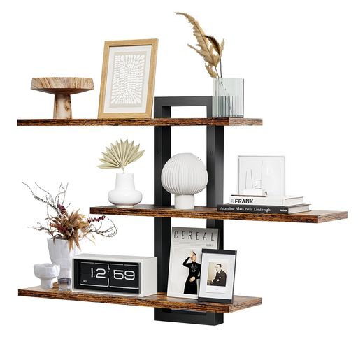 THCTYRP壁用フローティングシェルフ3段木製壁掛け棚収納ラックバスルーム・寝室・リビング対応調節可能耐荷重設計植物や本や写真用の装飾ウォールシェルフ(ブラウン3層)