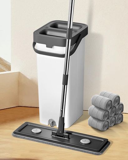 O-MARTモップバケツ付き360度回転モップとバケツ一体型フロアモップ大容量バケツ洗浄・脱水分離型バケ..