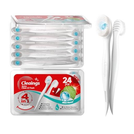 cleaings 4-in-1 使い捨て歯ブラシ 水不要 24本 歯磨き粉付き 舌クリーナー 歯間ブラシ 携帯用 ポータブル 外出先 災害用 備蓄 ミント味