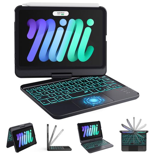【タッチパッド付きipad mini6/7 キーボードケース】 正確な制御とナビゲーションのためのスマートトラックパッドを装備し、タブレットとコンピューターの機能を組み合わせて優れたノートブック体験を実現します。iPad OS での作業方法を広げるトラックパッドジェスチャを操作可能です。ドキュメントの編集、アプリを操作、プレゼンテーションの作成などを快適で簡単に完成できます。オシャレと便利、日常使用と旅行に完璧です。 【7色バックライト付き3段階輝度調整可能】 このアイパッド キーボードケースは7色LEDバックライト変換と3段階の輝度を調整できます。気分に合わせていつでも自由に読書、閲覧、作業ができます。キーボードは薄暗い場所での操作も非常に便利で、ipad mini第6/7世代 用キーボードを使用すると、別の視覚的な楽しみと快適なタイピング体験をもたらすことができます。 【360度回転式180o裏返すスタンド】 iPad をラップトップのように使用できるだけでなく、Bluetooth キーボード ケースを使用すると、画面を 360 度回転したり、180 度反転したりできます。