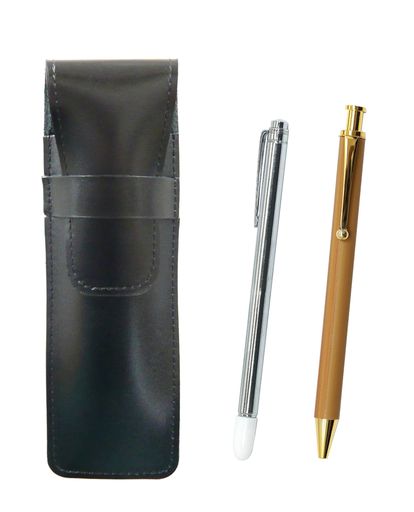 スリム牛革ペンケース黒金属製指示棒と竹柄ボールペンセットASB-701S-FB300CB