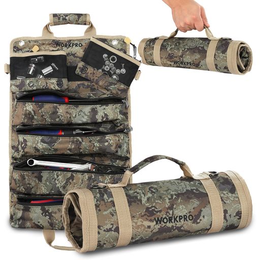 WORKPROツールロールバッグ工具バッグ工具袋道具袋高耐久6つ収納ポケット多目的車載家庭大工工具収納バッグ迷彩