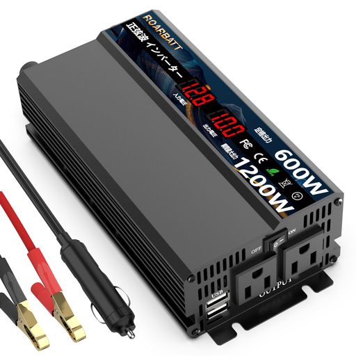 Inverter - ROARBATTインバーター正弦波12v100v600W純正弦波瞬間出力1200WDC12V(直流)をAC100V(交流)に変換カーインバーター2.4AUSBMAX3.4Aポート、ACコンセント電源2口家庭緊急用電源