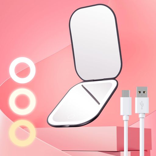 LEDミラー1X/3X両面鏡コンパクト拡大鏡携帯ミラーかわいい手鏡折りたたみミラー超軽量女優ミラー明るさ..