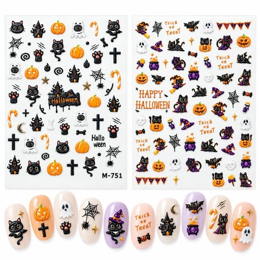ネイルシール ハロウィン 貼るだけ ネイルパーツ 2枚セット パンプキン ゴースト 黒猫 魔女 5D 立体感 ネイルステッカー セルフネイル