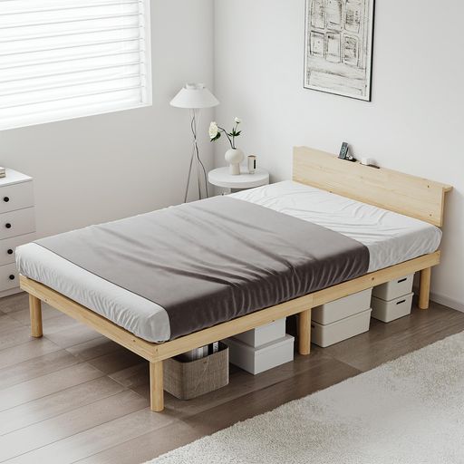 [SuperKois]ベッドベッドフレームダブル宮棚2口コンセントすのこベッドダブルベッドベット天然無垢パイ..