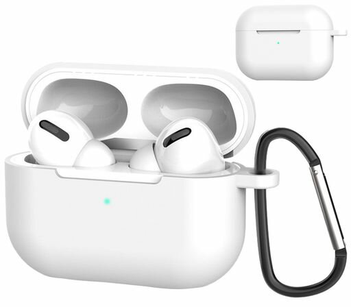 BOOLINNairpodsproケース対応エアーポッズプロ360°プロテクションシリコン素材防水キズ防止軽量小型装着充電可能耐衝撃カラビナ付きエアーポッズプロケース(ホワイト)