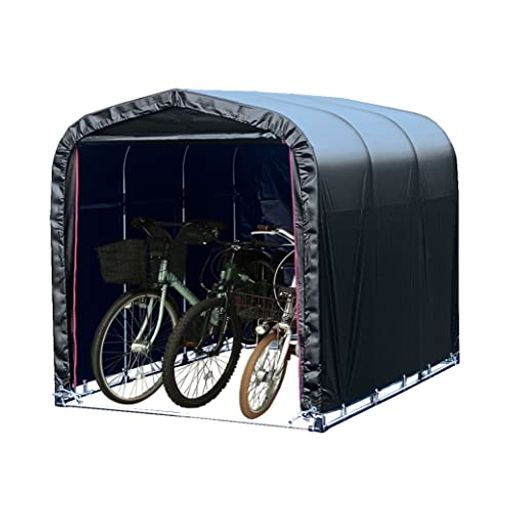 構成:天幕・前幕・後幕の3幕、目安:自転車3台 色:ブラック(ファスナー部レッド)、開閉:巻上式(前幕のみ) 生地特性:耐用レベル4/PVC(高耐久・防水性特化)、幕:PVC、フレーム:亜鉛メッキスチール サイズ:間口1560x奥行2200x高さ1650mm、アーチ本数:4本、パイプ径:19.1mm 必要工具:軍手・ハンマー・カッター・マジック・プライヤー・スケール