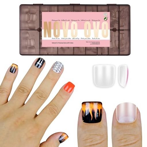 NOVOOVONailTipsforMenShortSquareRoundエクストラショートネイルチップ男女兼用幅広・短めネイルベッ..