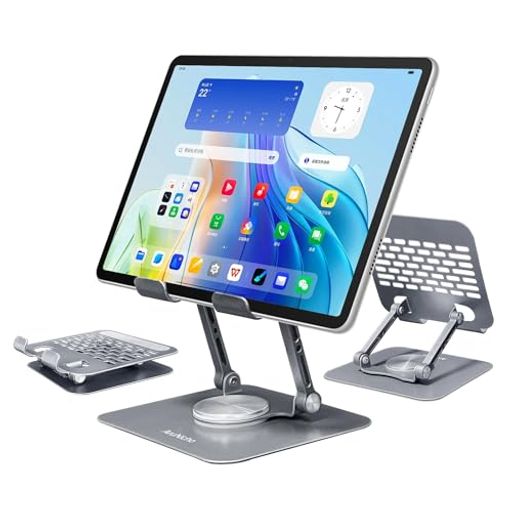 iPadスタンドタブレットデスクホルダー卓上360°回転折り畳み式高さ角度調節可能持ち運びに便利ポータブルマウント滑り止めアルミ製卓上縦置き絵描きホルダーiPad/Kindle/Surface/Switch機種に…