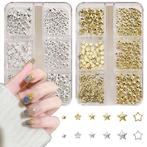Nail - ネイルパーツスタッズ星2ケース3D立体Y2Kスターメタルデコパーツ星ゴールドシルバー合金小さいジェルネイルネイルストーンジュエリーパーツネイルアートハンドメイドDIY手作り(シルバ…