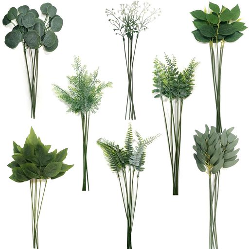 人工葉茎付き人工ユーカリ造花人工観葉植物48個、8種類結婚式ブーケ装飾インテリアグリーン(グリーン葉)