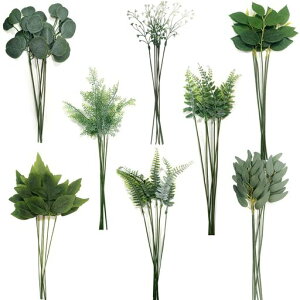 人工葉茎付き人工ユーカリ造花人工観葉植物48個、8種類結婚式ブーケ装飾インテリアグリーン(グリーン葉)