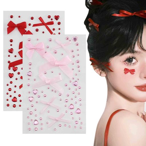 ラインストーン顔シール2枚セットキラキラ蝶結びハート3D自己粘着性リボンかわいい顔面デコ携帯電話装飾DIY用品ネイルデコパーツフェイスストーンピンク+レッド ラインストーン顔シール2枚セットキラキラ蝶結びハート3D自己粘着性リボンかわいい顔面デコ携帯電話装飾DIY用品ネイルデコパーツフェイスストーンピンク+レッド
