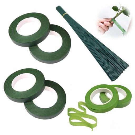 MILANQW造花用フローラルテープ6巻セット(薄緑2+濃緑4)&茎ワイヤー100本|リップケース収納可能手工芸DI..