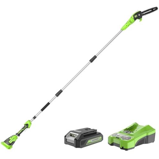 Greenworks(グリーンワークス) 充電式高枝切り電動チェーンソー グリーン ガイドバー20cm 24V 2Ah USBバッテリー・充電器付属 24Vハイパワーで高速カット コードレス型ポールソー 長さ2.7mまで調…